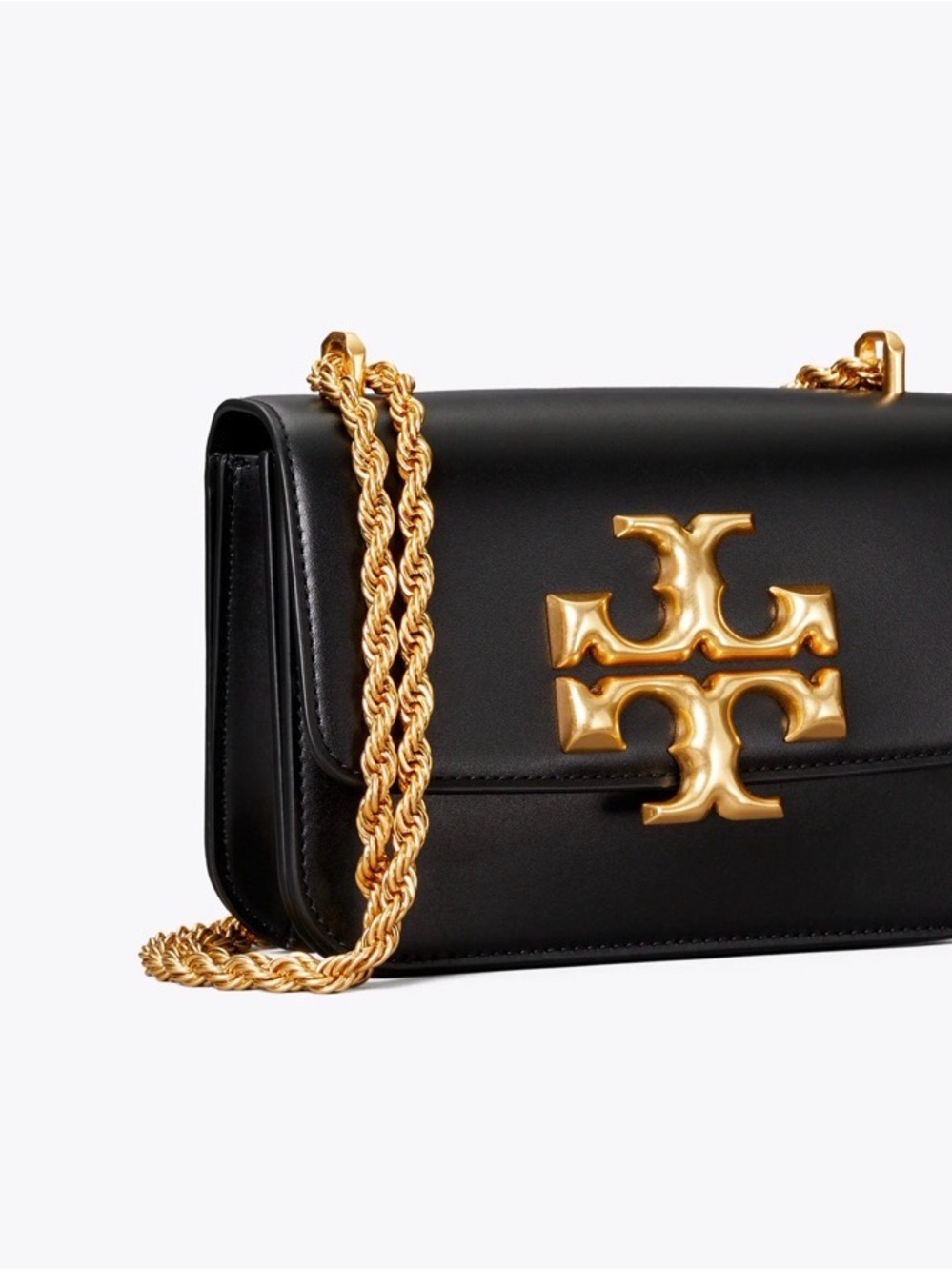 Tory Burch Black Leather Crossbody with Gold Logo and Chain